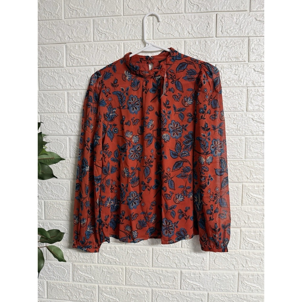 Ann Taylor Factory Rust Floral High Neck Blouse XS Long Sleeve NWT